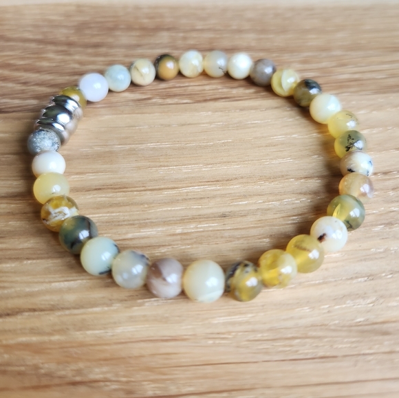 SOLD Yellow Dendritic Opal Gemstone Beads Bracelet - Picture 4 of 9